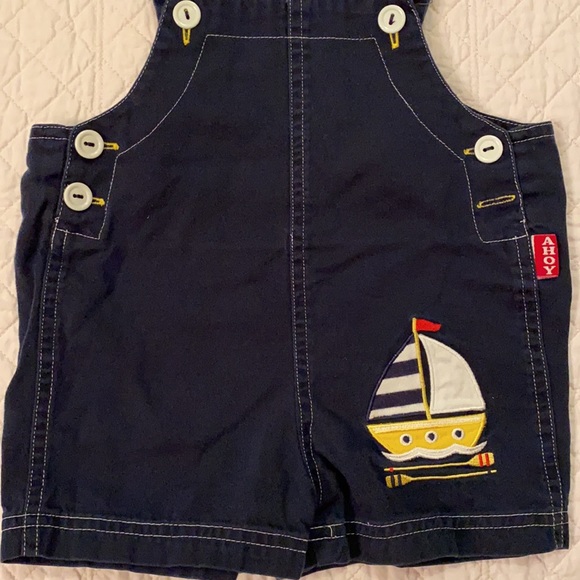 {VTG} Ahoy Set Sail Embroidered Sailboat Shortalls 100% Cotton Navy Blue (16M) - Picture 11 of 14